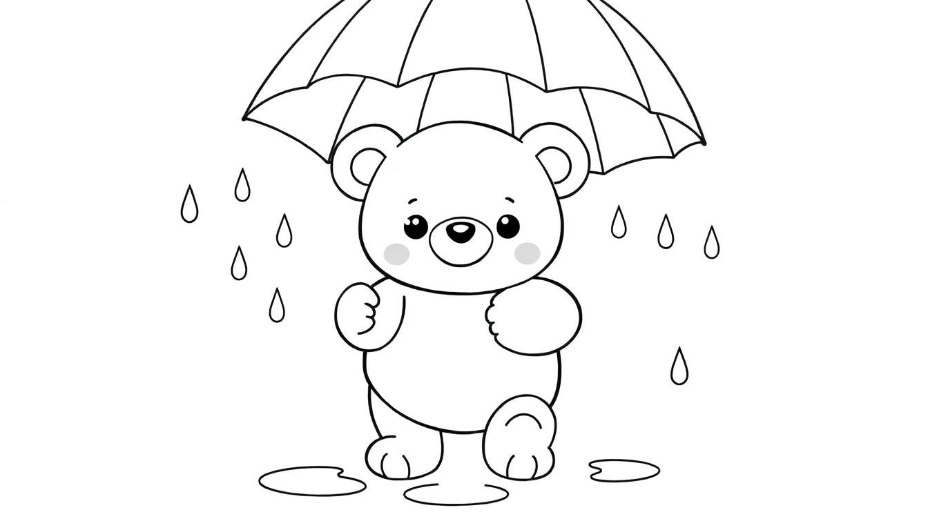 Placa de color de un oso de peluche dibujado a mano bajo la lluvia con un paraguas.