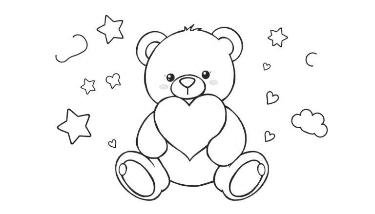 Placa de color de un osito de peluche con un corazón, rodeado de estrellas y nubes.