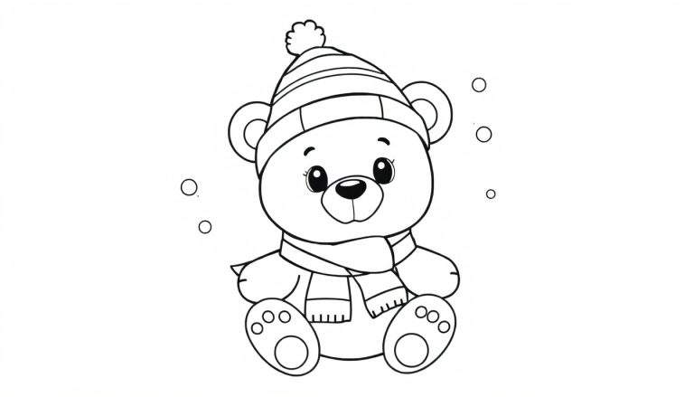 Placa de color: Oso de peluche en la nieve con gorro y bufanda.