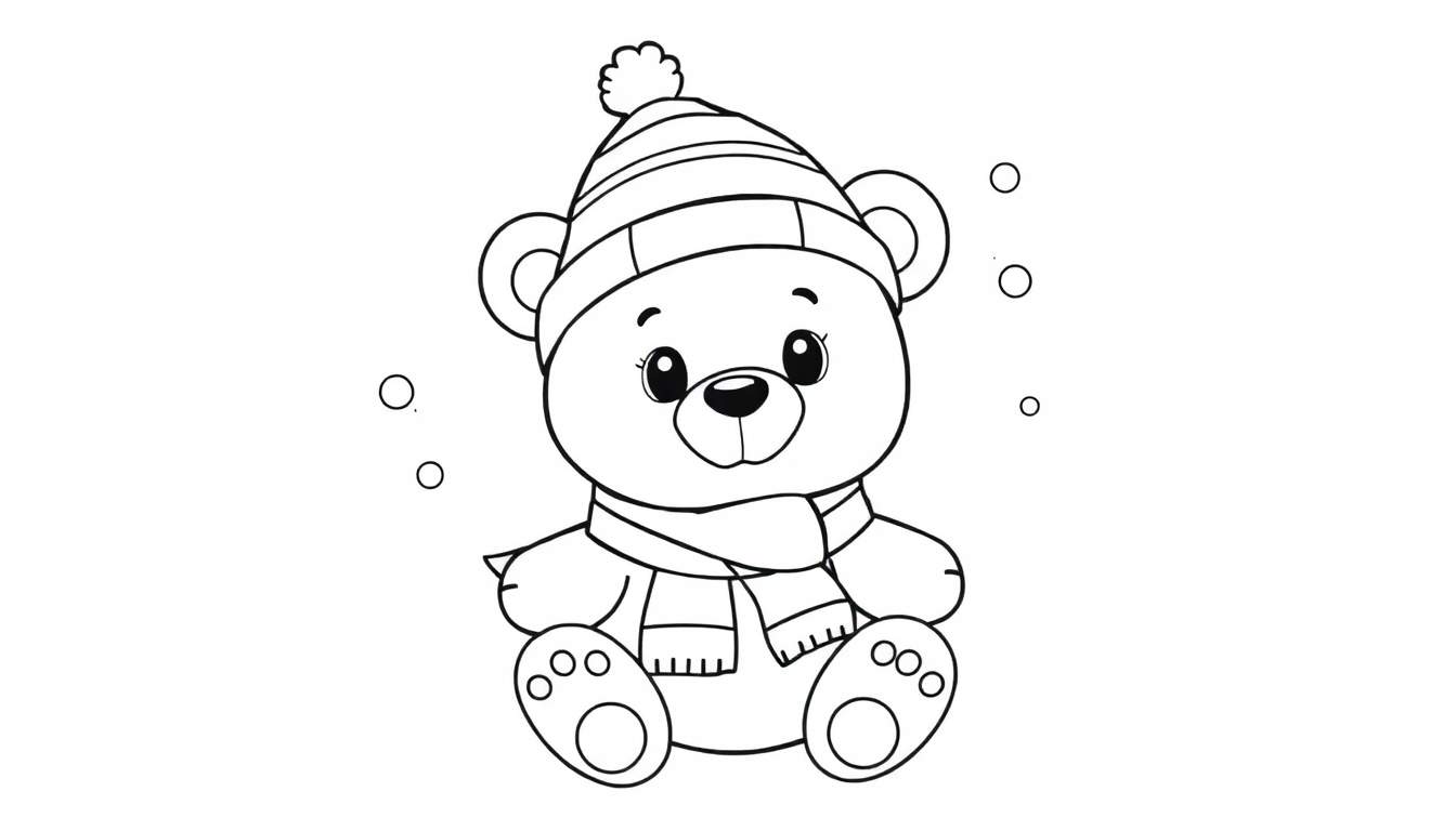 Placa de color: Oso de peluche en la nieve con gorro y bufanda.
