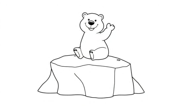 Placa de color de un oso polar sonriente saludando desde un bloque de hielo.