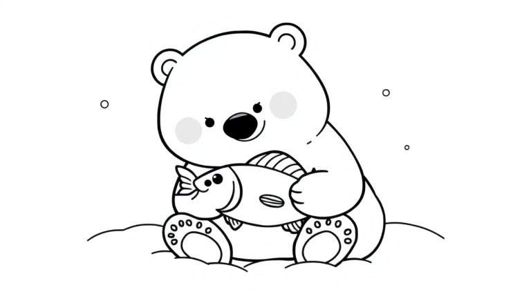 Placa de color de un oso polar amigable con un pez.