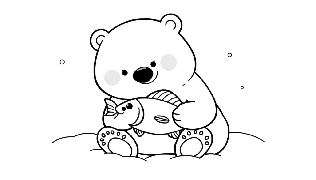 Placa de color de un oso polar amigable con un pez.