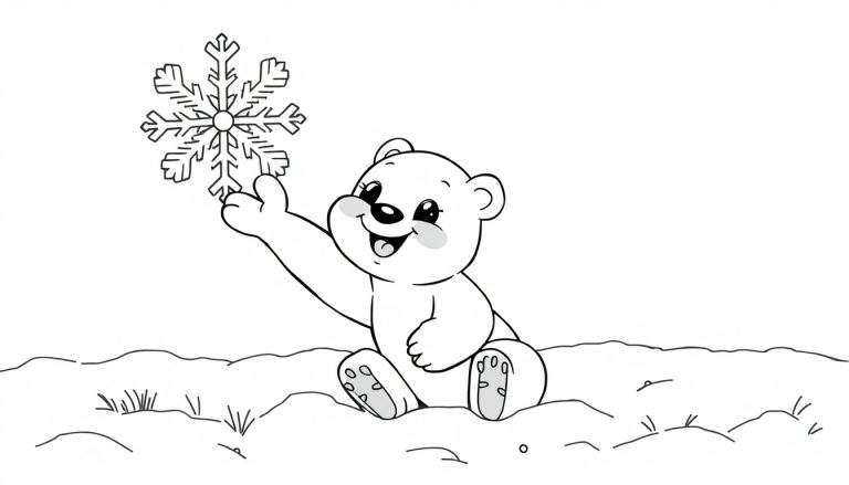 Oso polar feliz sujetando un copo de nieve, página de placa de color.