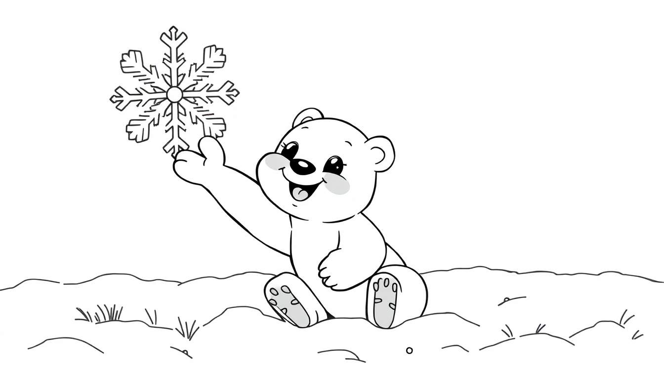 Oso polar feliz sujetando un copo de nieve, página de placa de color.