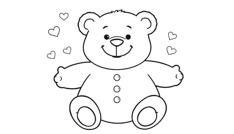 Placa de color de un oso de peluche sentado con corazones.