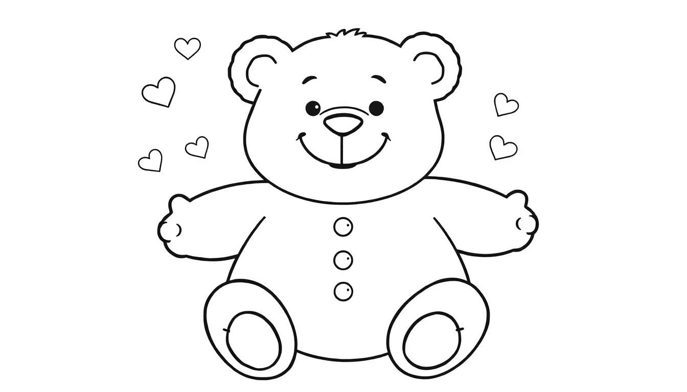 Placa de color de un oso de peluche sentado con corazones.