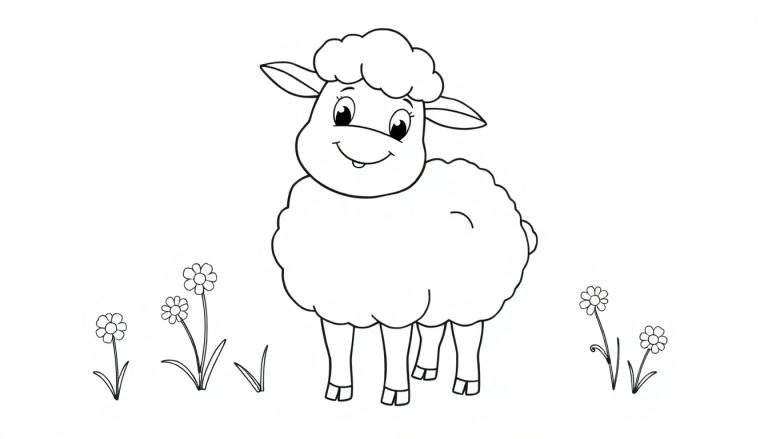 Una oveja de dibujos animados sonriente con pelaje rizado en una placa de color blanco y negro, parada en un campo con margaritas.