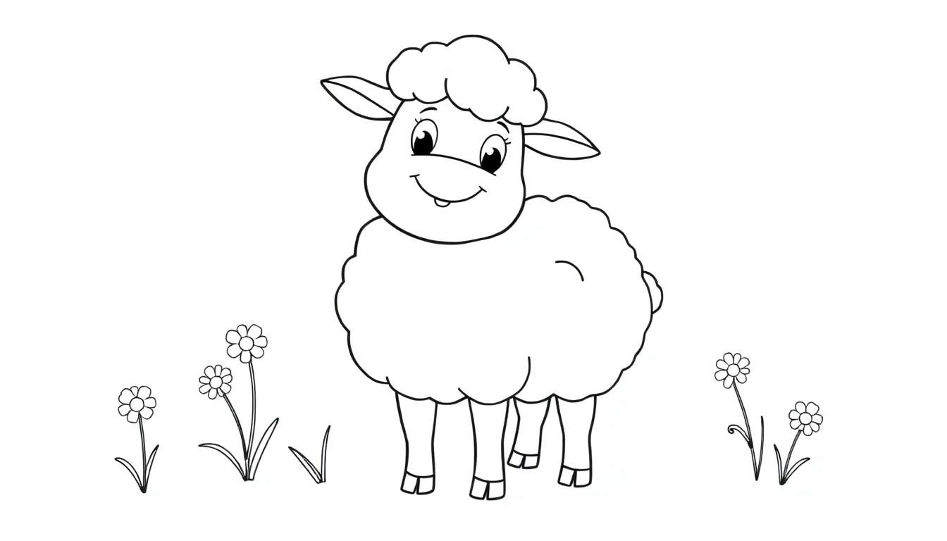 Una oveja de dibujos animados sonriente con pelaje rizado en una placa de color blanco y negro, parada en un campo con margaritas.