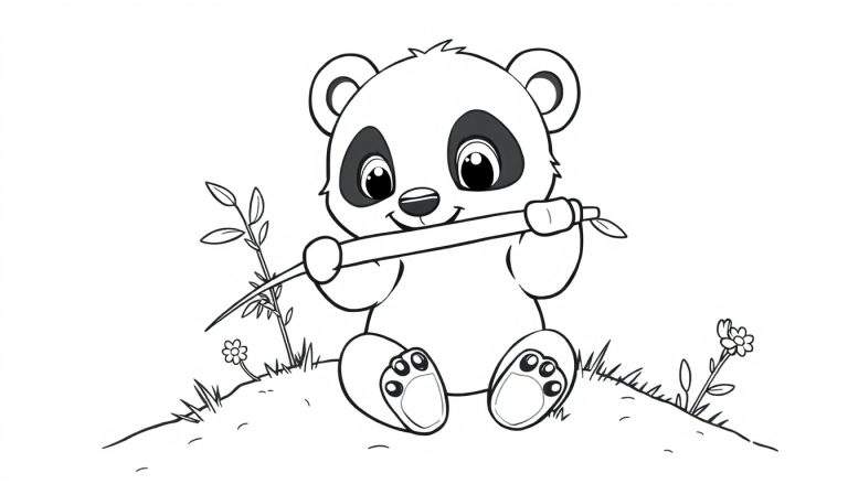 Una placa de color de un panda de dibujos animados comiendo bambú en una colina.