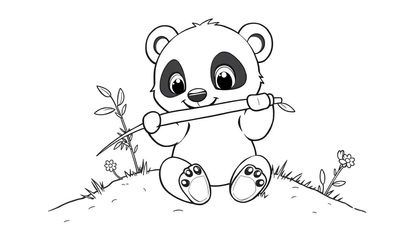 Una placa de color de un panda de dibujos animados comiendo bambú en una colina.