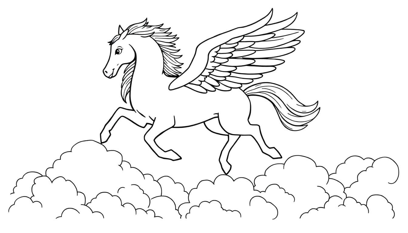 Placa de color de un Pegaso blanco y negro volando entre nubes.