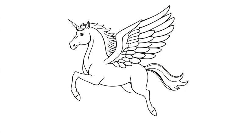 Placa de color de un unicornio alado blanco y negro.