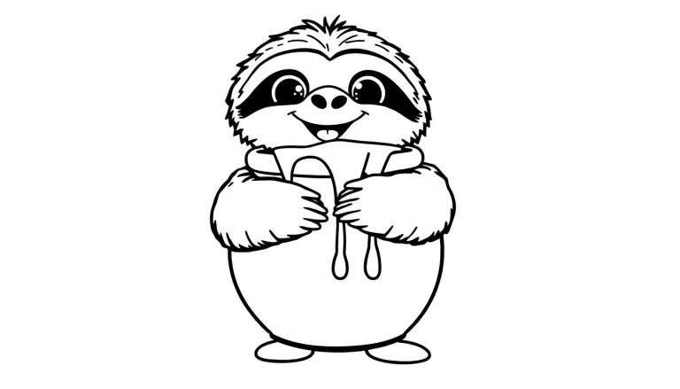 Un dibujo lineal de un perezoso feliz listo para colorear, con una placa de color para pintar.