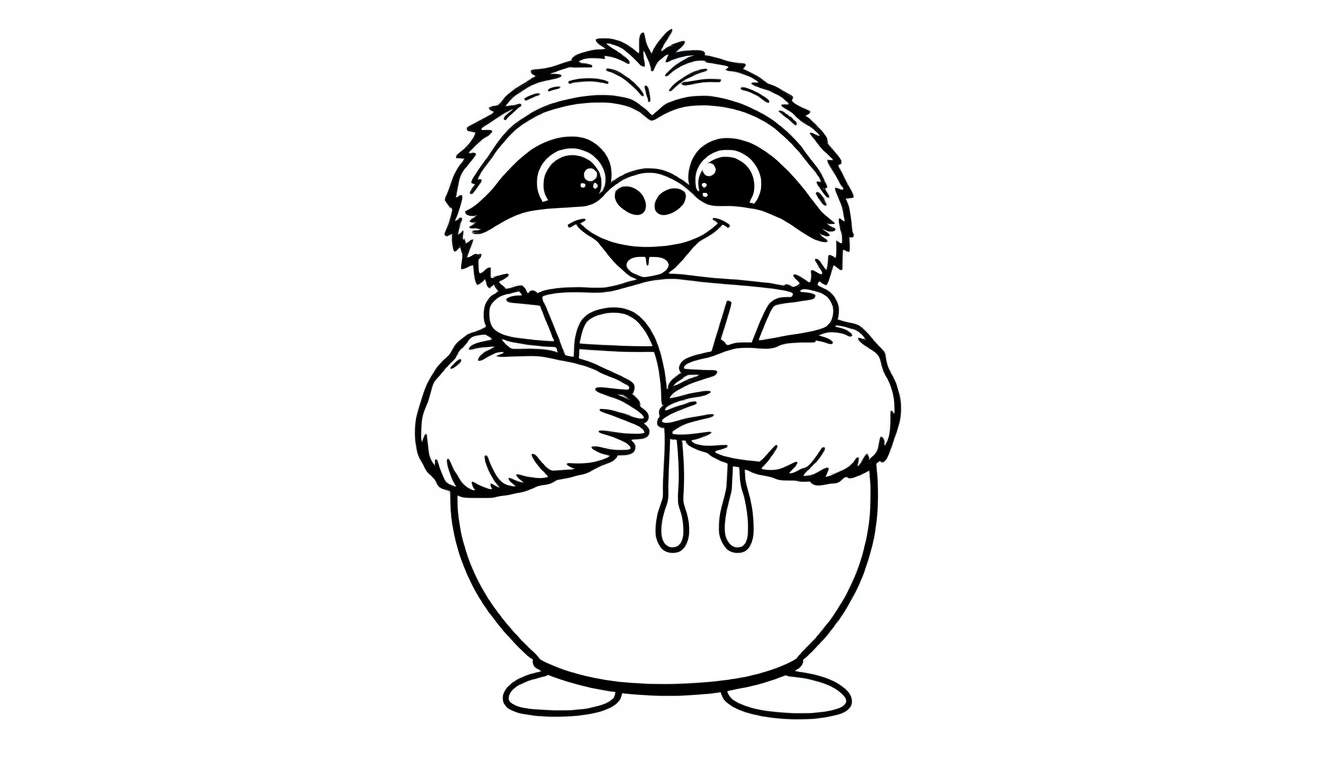 Un dibujo lineal de un perezoso feliz listo para colorear, con una placa de color para pintar.