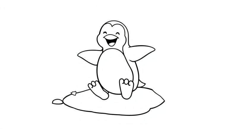 Placa de color de un pingüino alegre sentado en una nube.