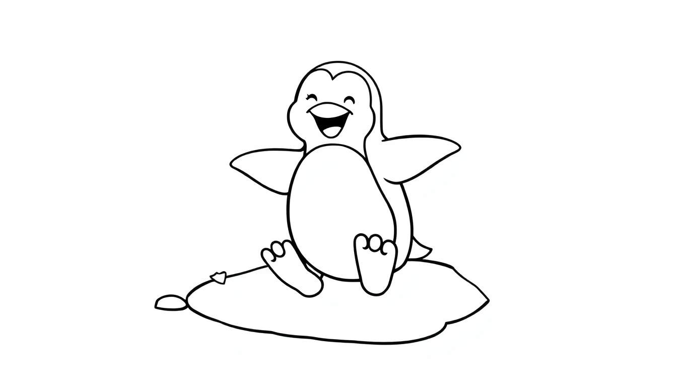 Placa de color de un pingüino alegre sentado en una nube.