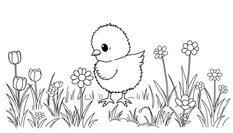 Una placa de color de un pollito tierno en un prado con flores y pasto.