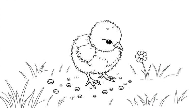 Placa de color de un pollito picoteando semillas.