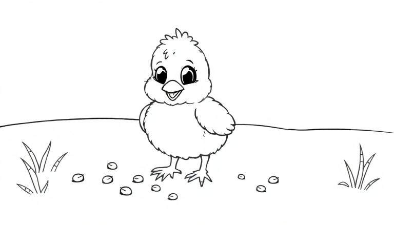 Un pollito juguetón de dibujos animados en blanco y negro con grandes ojos y un cuerpo redondo, buscando semillas en un campo con hierba y granos. Esta es una placa de color para colorear.