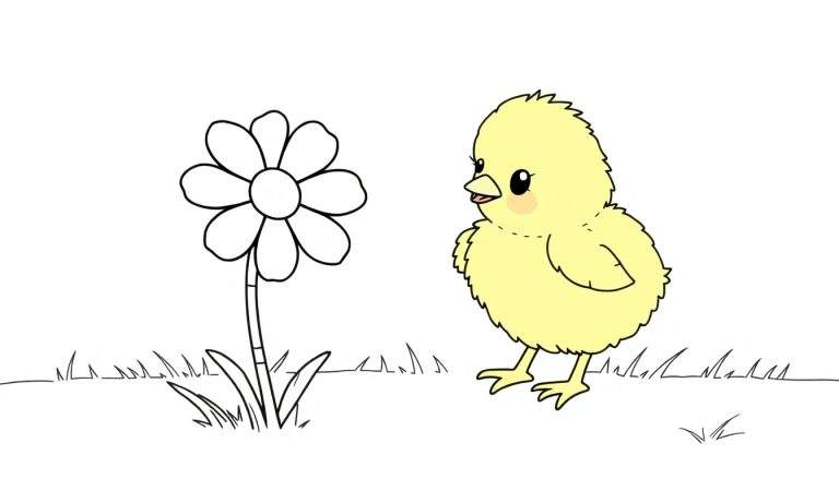 Placa de color de un pollito amarillo y una margarita.