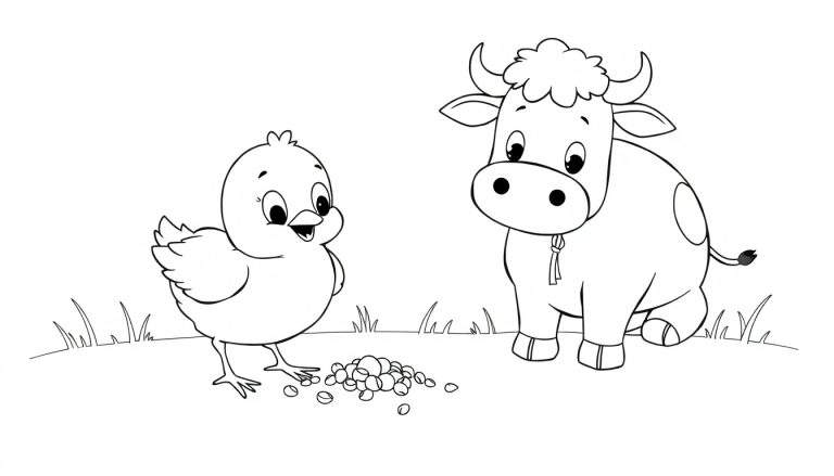 Placa de color de un pollito picoteando semillas junto a una vaca amigable.