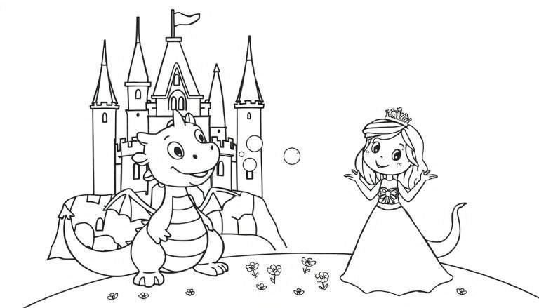 Una placa de color con un dibujo lineal de un dragón amigable y una princesa junto a un castillo.
