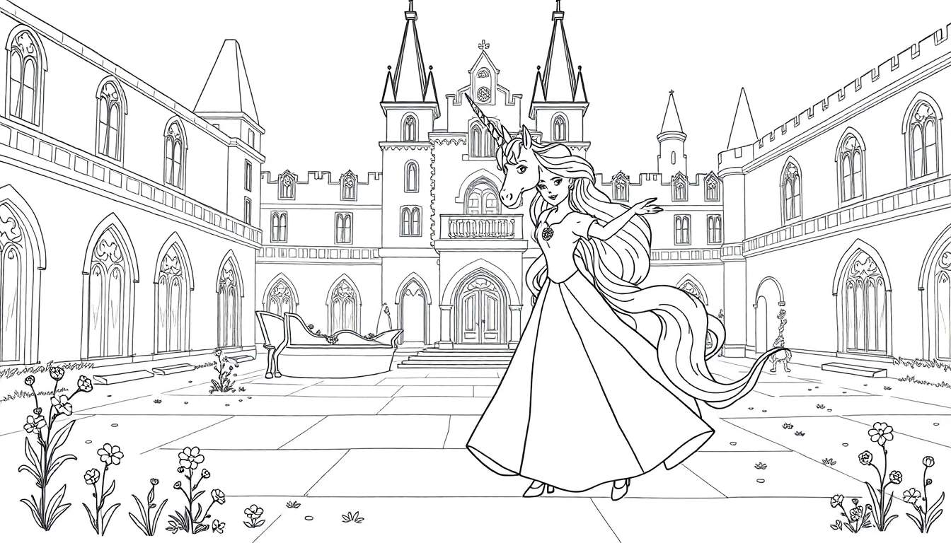Placa de color de una princesa y un unicornio en un castillo.