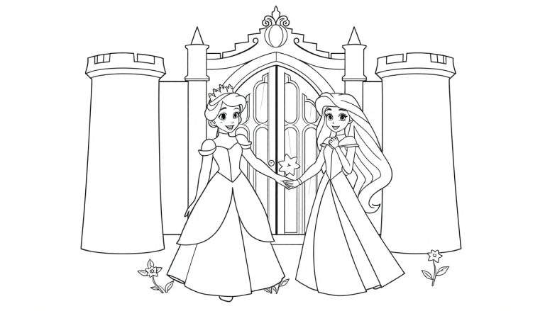 Placa de color de dos princesas tomadas de la mano frente a un castillo, una con corona y pelo largo, con flores.