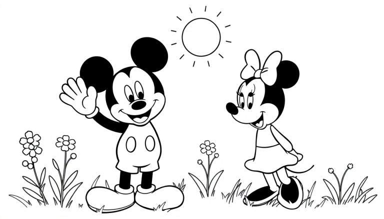 Placa de color de Mickey y Minnie saludándose en un día soleado.