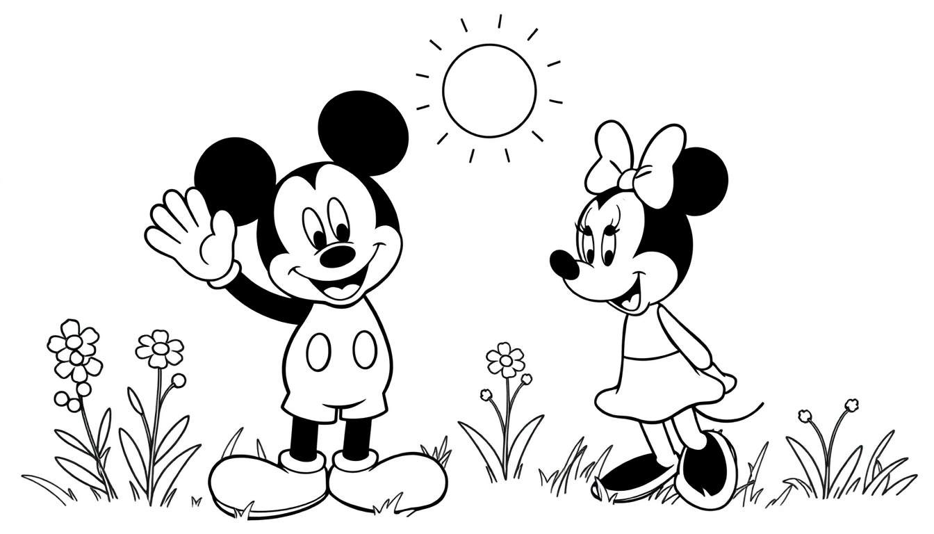 Placa de color de Mickey y Minnie saludándose en un día soleado.