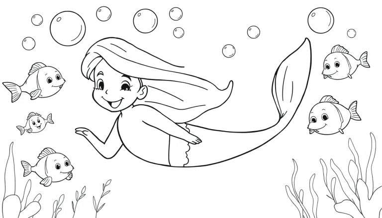 Placa de color de una sirena sonriente nadando con peces y burbujas