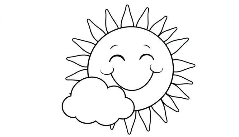 Una placa de color de un sol sonriente y amigable con una nube esponjosa.