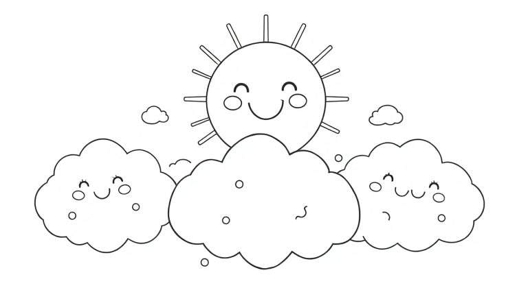 Dibujo de placa de color de un sol sonriente y nubes amigables.