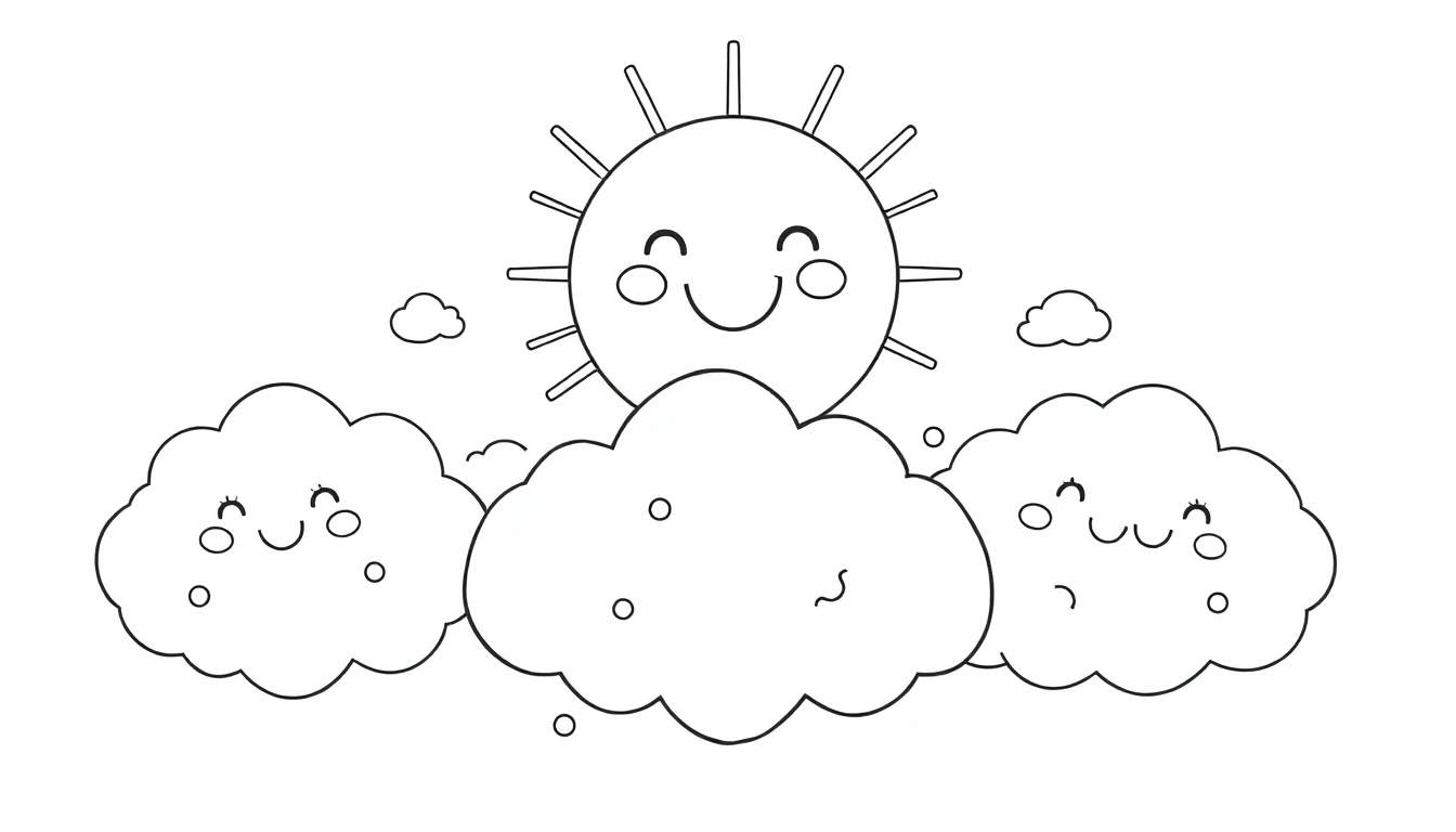 Dibujo de placa de color de un sol sonriente y nubes amigables.