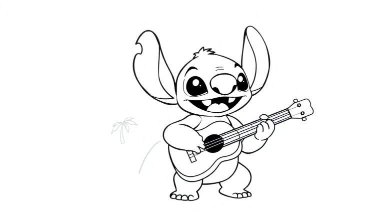 Placa de color de Stitch tocando un ukelele con una palmera al fondo.
