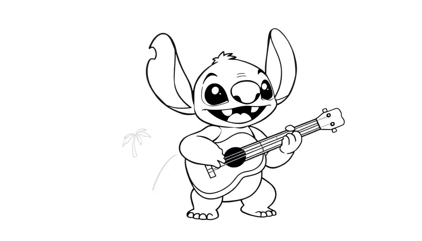 Placa de color de Stitch tocando un ukelele con una palmera al fondo.