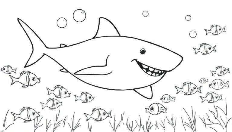 Placa de color con un tiburón amigable sonriendo rodeado de burbujas y peces.