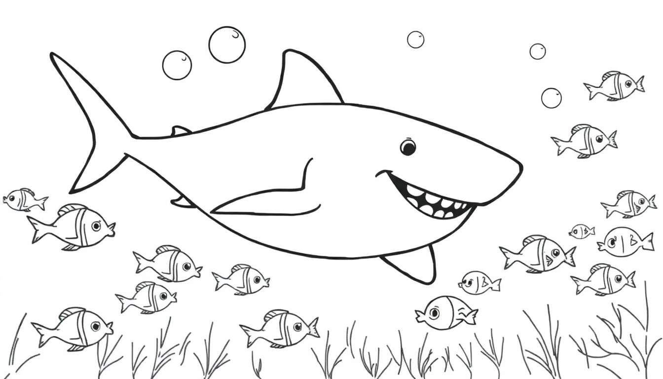 Placa de color con un tiburón amigable sonriendo rodeado de burbujas y peces.