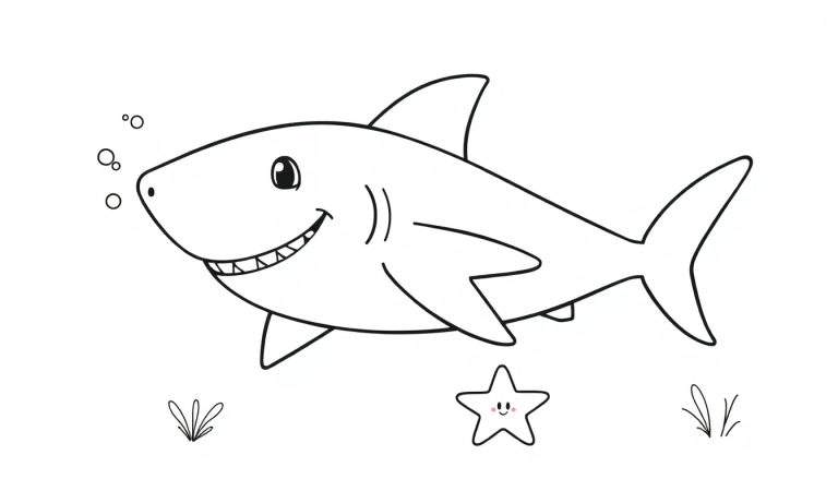 Un tiburón sonriente listo para ser coloreado, con burbujas y una estrella de mar.