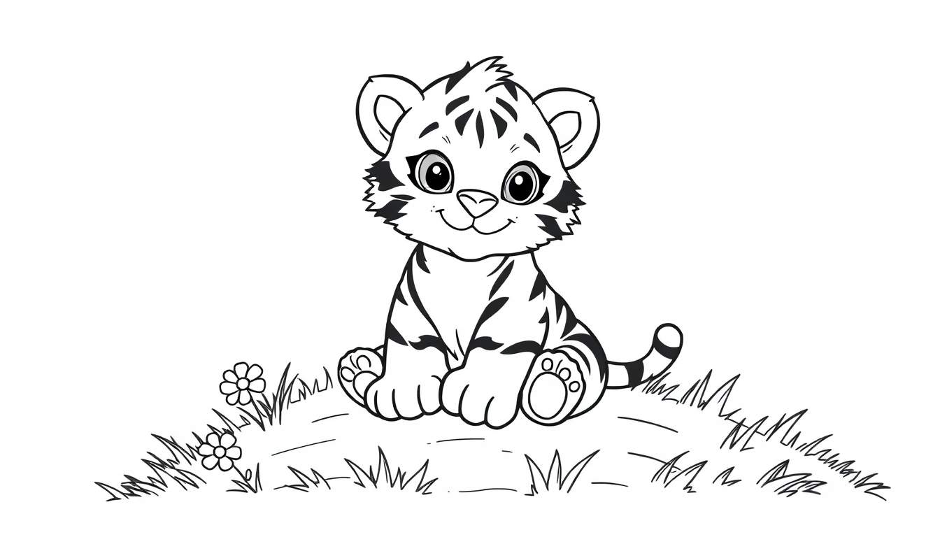 Placa de color de un tierno cachorro de tigre estilo caricatura sentado en una colina de hierba, listo para ser coloreado.