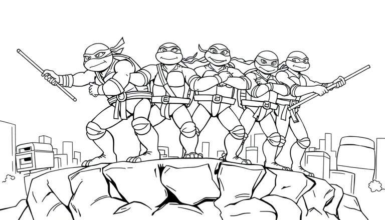 Las Tortugas Ninja listas para colorear, con sus armas, frente a una ciudad.