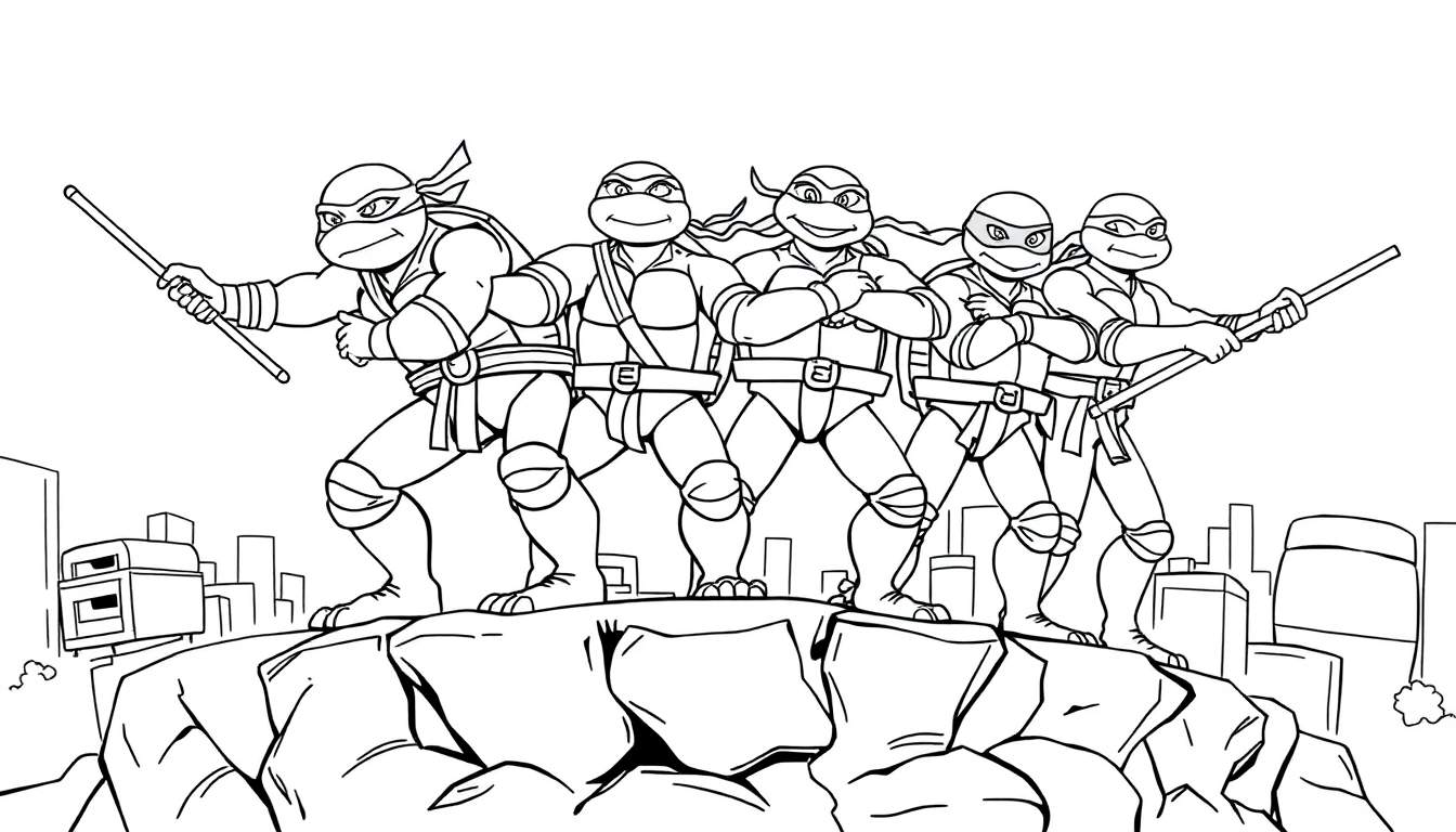 Las Tortugas Ninja listas para colorear, con sus armas, frente a una ciudad.