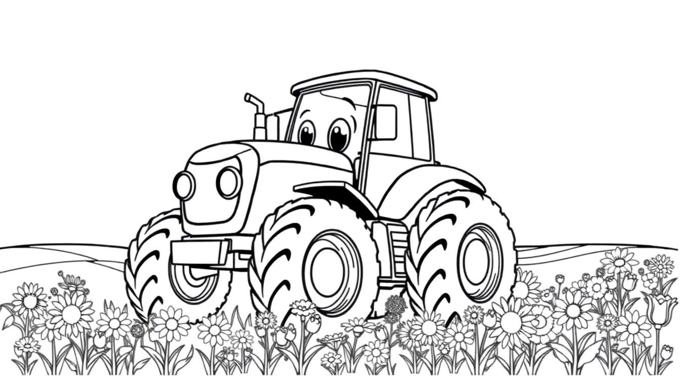 Placa de color de un tractor sonriente con grandes ruedas en un campo de flores.