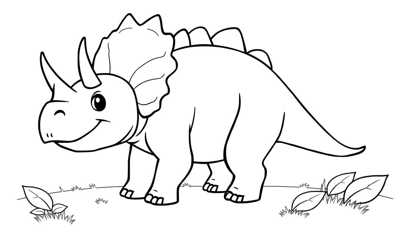 Placa de color de un dinosaurio Triceratops amigable con tres cuernos y un volante.