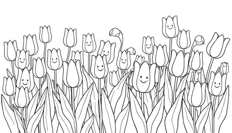 Placa de color con tulipanes sonrientes.