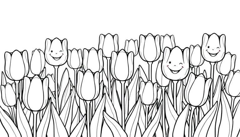 Placa de color de tulipanes sonrientes con caras alegres.