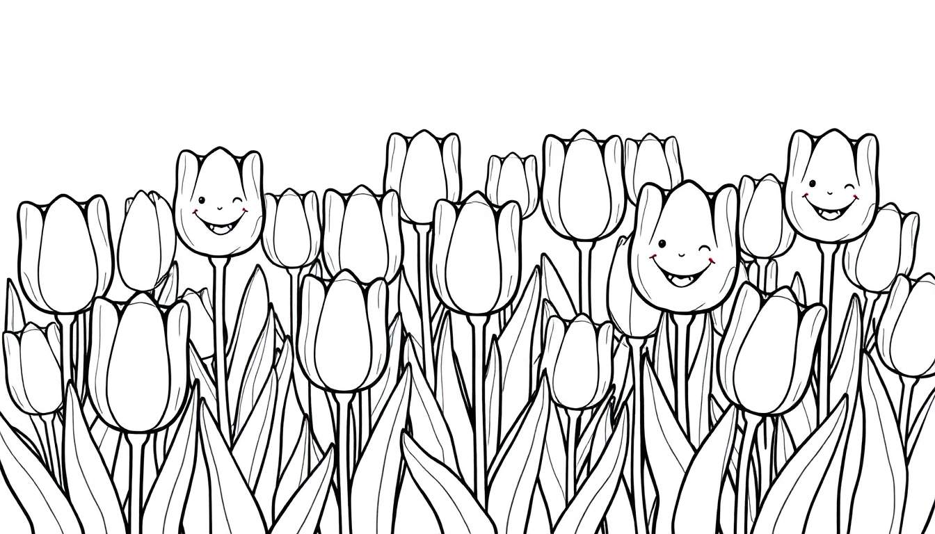 Placa de color de tulipanes sonrientes con caras alegres.
