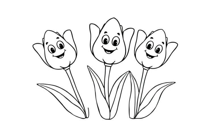 Placa de color con tres tulipanes sonrientes de dibujos animados, un dibujo para colorear.