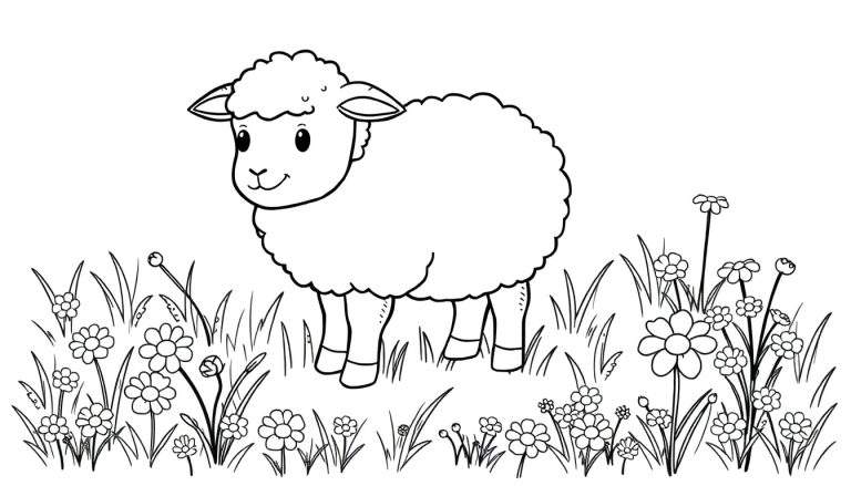 Oveja sonriente en un prado de flores, página para colorear.